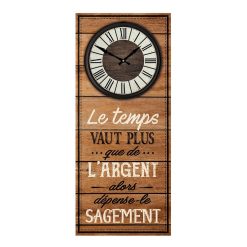 Sortie ???? SUD TRADING Pendule Murale Rectangulaire Le Temps Vaut Plus - 30 X 70 Cm - Marron ????