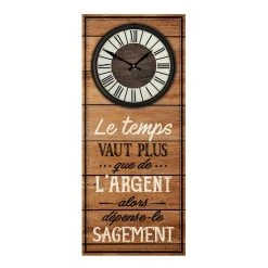 Sortie 🌟 SUD TRADING Pendule Murale Rectangulaire Le Temps Vaut Plus - 30 X 70 Cm - Marron 😉
