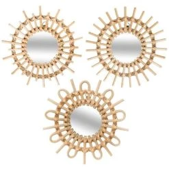 Vente flash 🥰 Lot De 3 Miroirs Muraux Rotin Soleil 28cm Beige 🌟